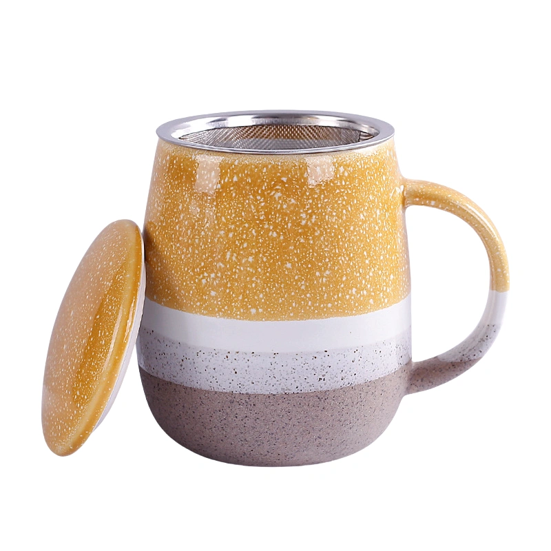 MYOUNG- Reactive Glaze Ceramic Travel Coffee Mug with Handle and Lid, 15.2oz, Portable Coffee Cup, Microwave and Dishwasher Safe 6 Splicing color mug sku2