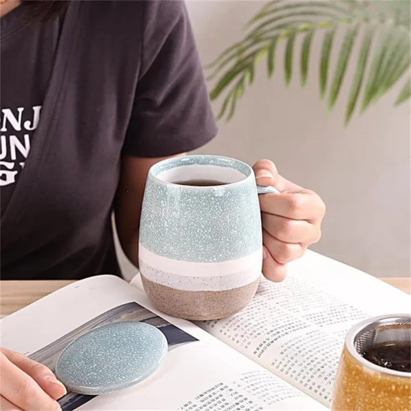 MYOUNG- Reactive Glaze Ceramic Travel Coffee Mug with Handle and Lid, 15.2oz, Portable Coffee Cup, Microwave and Dishwasher Safe - Image 4