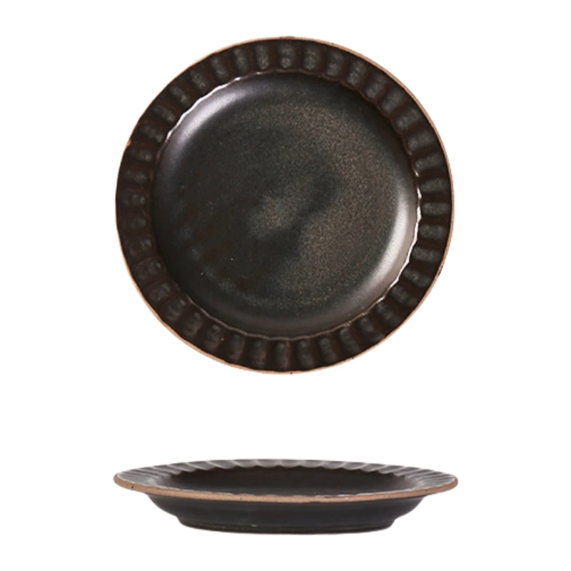 MYOUNG-Retro Style 6'' Matte Crockery Ceramic Dinner Plate for Home ,Restaurant and Event 12 black Coarse pottery plate2