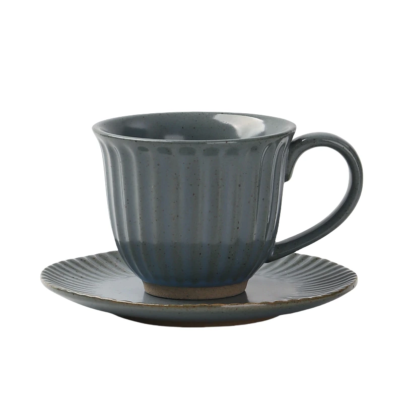 MYOUNG- Vertical Stripe Ceramic Cup and Saucer Set,Retro Kiln,Cappuccino Mug Set, Microwave and Dishwasher Safe, Perfect For Tea, Espresso, Latte - Porcelain Mugs for Kitchen or Cafe - Assorted Neutrals 11 coffee set color1