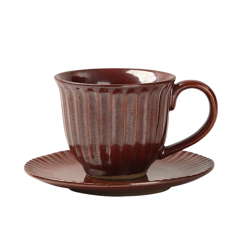 MYOUNG- Vertical Stripe Ceramic Cup and Saucer Set,Retro Kiln,Cappuccino Mug Set, Microwave and Dishwasher Safe, Perfect For Tea, Espresso, Latte - Porcelain Mugs for Kitchen or Cafe - Assorted Neutrals 10 coffee set color2