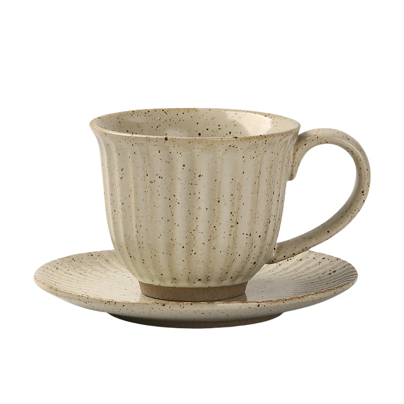 MYOUNG- Vertical Stripe Ceramic Cup and Saucer Set,Retro Kiln,Cappuccino Mug Set, Microwave and Dishwasher Safe, Perfect For Tea, Espresso, Latte - Porcelain Mugs for Kitchen or Cafe - Assorted Neutrals 9 coffee set color3