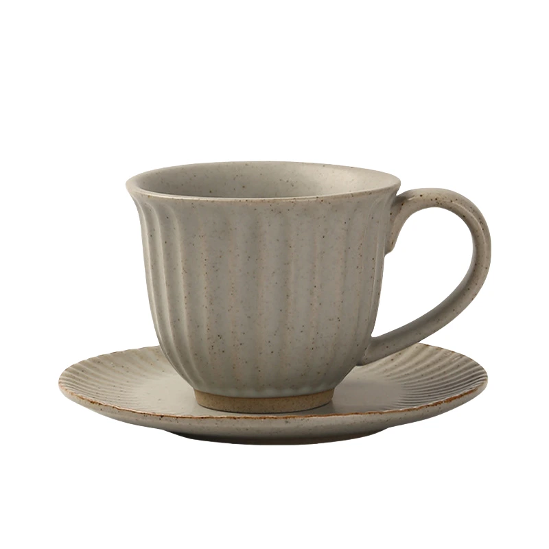 MYOUNG- Vertical Stripe Ceramic Cup and Saucer Set,Retro Kiln,Cappuccino Mug Set, Microwave and Dishwasher Safe, Perfect For Tea, Espresso, Latte - Porcelain Mugs for Kitchen or Cafe - Assorted Neutrals 8 coffee set color5
