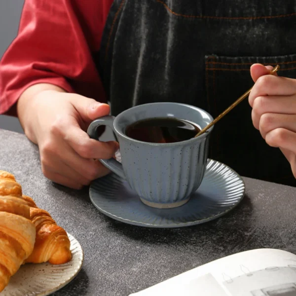 MYOUNG- Vertical Stripe Ceramic Cup and Saucer Set,Retro Kiln,Cappuccino Mug Set, Microwave and Dishwasher Safe, Perfect For Tea, Espresso, Latte - Porcelain Mugs for Kitchen or Cafe - Assorted Neutrals - Image 3