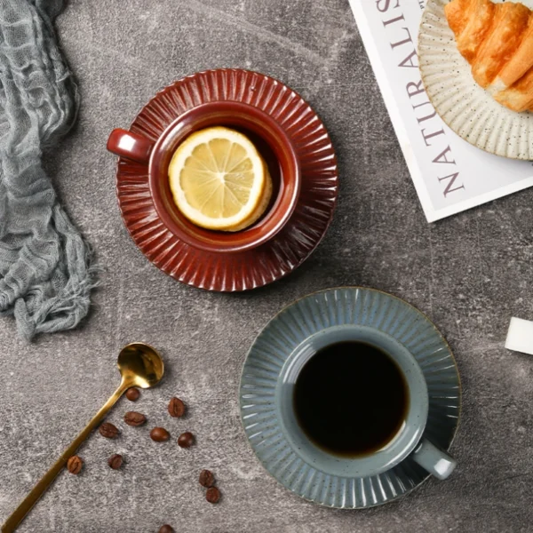MYOUNG- Vertical Stripe Ceramic Cup and Saucer Set,Retro Kiln,Cappuccino Mug Set, Microwave and Dishwasher Safe, Perfect For Tea, Espresso, Latte - Porcelain Mugs for Kitchen or Cafe - Assorted Neutrals - Image 2