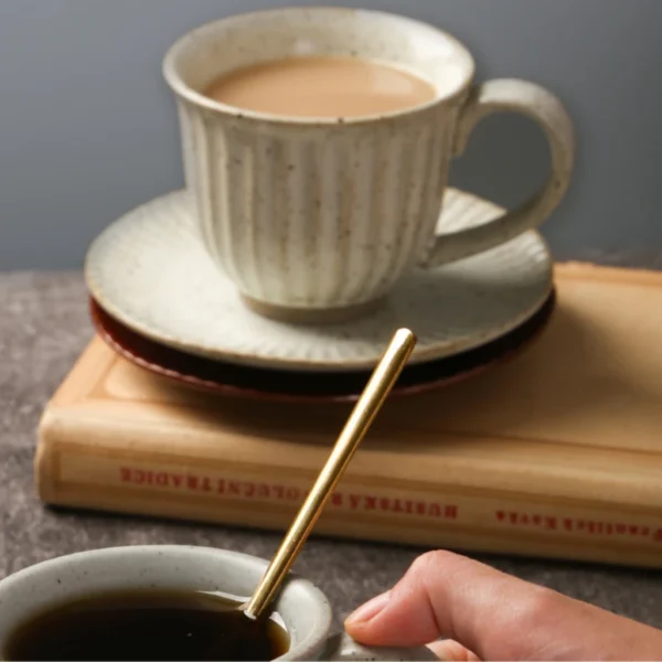 MYOUNG- Vertical Stripe Ceramic Cup and Saucer Set,Retro Kiln,Cappuccino Mug Set, Microwave and Dishwasher Safe, Perfect For Tea, Espresso, Latte - Porcelain Mugs for Kitchen or Cafe - Assorted Neutrals - Image 5