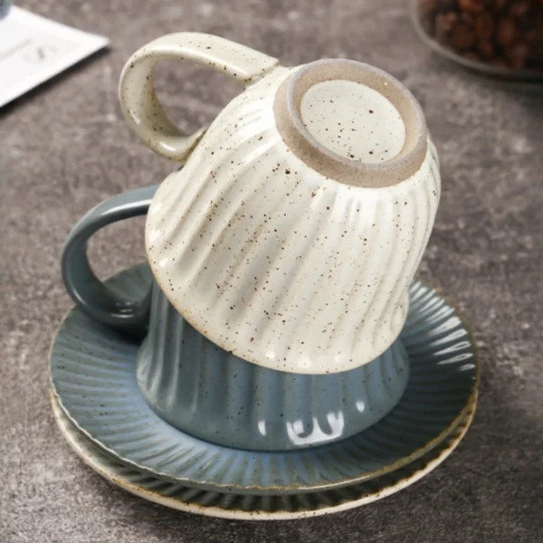 MYOUNG- Vertical Stripe Ceramic Cup and Saucer Set,Retro Kiln,Cappuccino Mug Set, Microwave and Dishwasher Safe, Perfect For Tea, Espresso, Latte - Porcelain Mugs for Kitchen or Cafe - Assorted Neutrals - Image 7