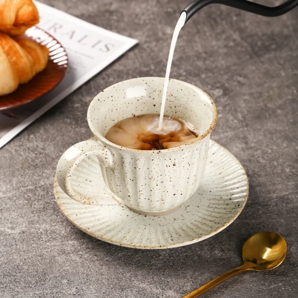 MYOUNG- Vertical Stripe Ceramic Cup and Saucer Set,Retro Kiln,Cappuccino Mug Set, Microwave and Dishwasher Safe, Perfect For Tea, Espresso, Latte - Porcelain Mugs for Kitchen or Cafe - Assorted Neutrals - Image 6