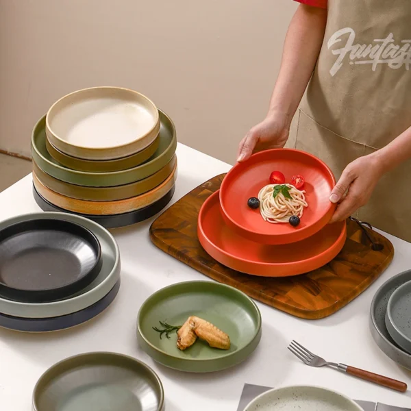 MYOUNG- 8''/10''Matte Coarse Pottery Ceramic Deep Plate ,Salad Pasta Appetizer Plates Microwave & Dishwasher Safe for Family Gatherings - Image 2