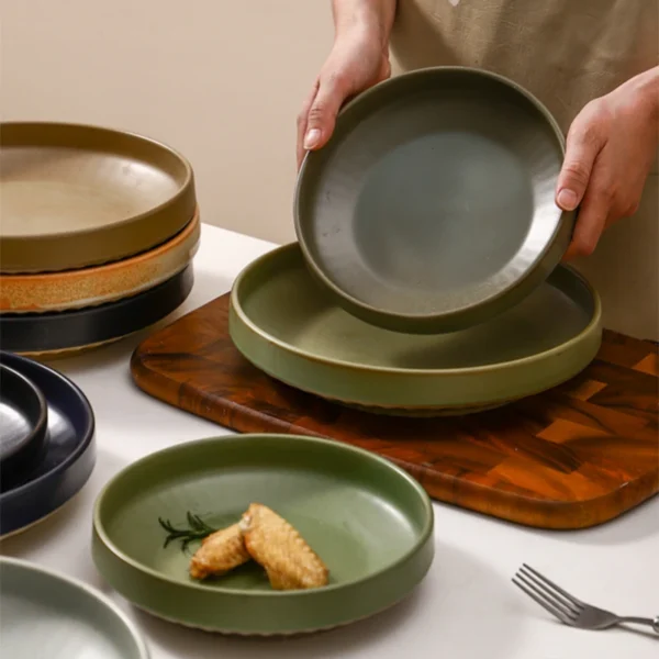 MYOUNG- 8''/10''Matte Coarse Pottery Ceramic Deep Plate ,Salad Pasta Appetizer Plates Microwave & Dishwasher Safe for Family Gatherings - Image 5