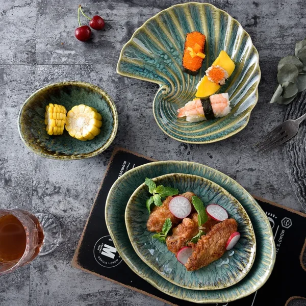 MYOUNG- Japanese Style Jade Color Irregular Ceramic Dinnerware Sets ,Reactive Glaze Plates and Bowls Set, Safe for Oven & Microwave & Dishwasher