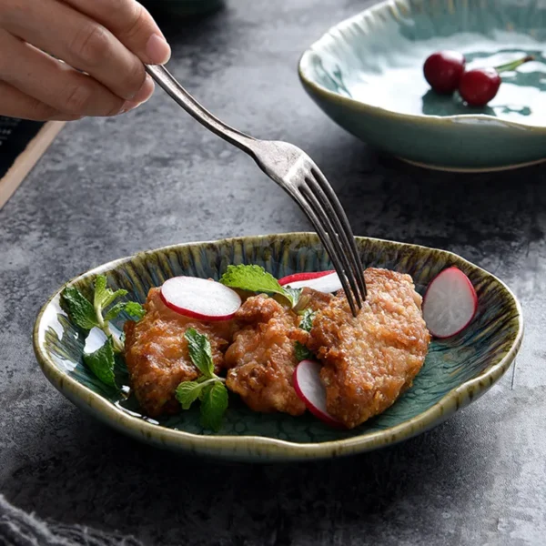 MYOUNG- Japanese Style Jade Color Irregular Ceramic Dinnerware Sets ,Reactive Glaze Plates and Bowls Set, Safe for Oven & Microwave & Dishwasher - Image 2