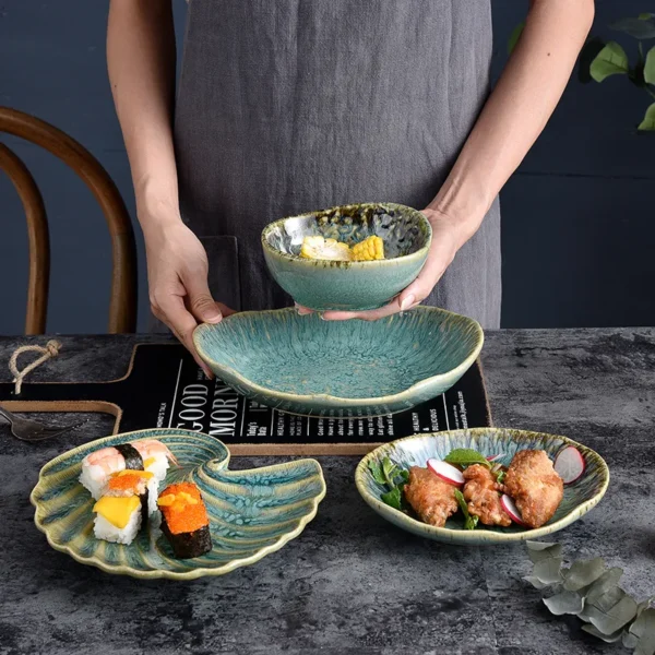 MYOUNG- Japanese Style Jade Color Irregular Ceramic Dinnerware Sets ,Reactive Glaze Plates and Bowls Set, Safe for Oven & Microwave & Dishwasher - Image 3