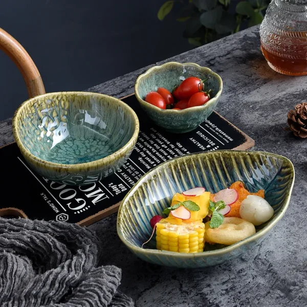 MYOUNG- Japanese Style Jade Color Irregular Ceramic Dinnerware Sets ,Reactive Glaze Plates and Bowls Set, Safe for Oven & Microwave & Dishwasher - Image 4