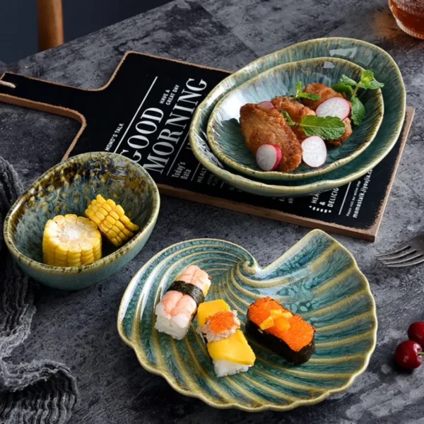 MYOUNG- Japanese Style Jade Color Irregular Ceramic Dinnerware Sets ,Reactive Glaze Plates and Bowls Set, Safe for Oven & Microwave & Dishwasher - Image 5