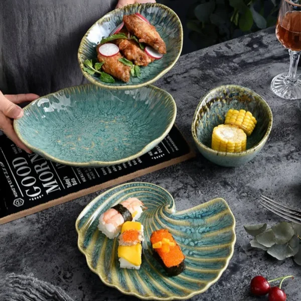 MYOUNG- Japanese Style Jade Color Irregular Ceramic Dinnerware Sets ,Reactive Glaze Plates and Bowls Set, Safe for Oven & Microwave & Dishwasher - Image 6