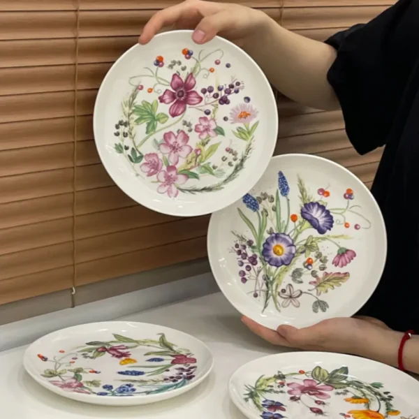 MYOUNG- 8'' Flower Printed Ceramic Dinner Plate Round Plates Wedding Presentation and Event Serving Table Dish Set