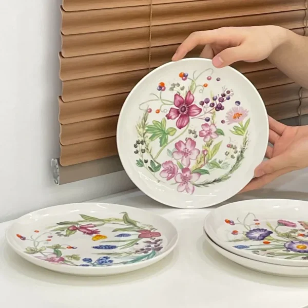 MYOUNG- 8'' Flower Printed Ceramic Dinner Plate Round Plates Wedding Presentation and Event Serving Table Dish Set - Image 3
