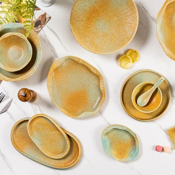 MYOUNG- Wholesaler Stock Sustainable Kiln Yellow and Blue Glaze Ceramic Tableware Hotel Catering Dinnerware Sets Restaurant Use