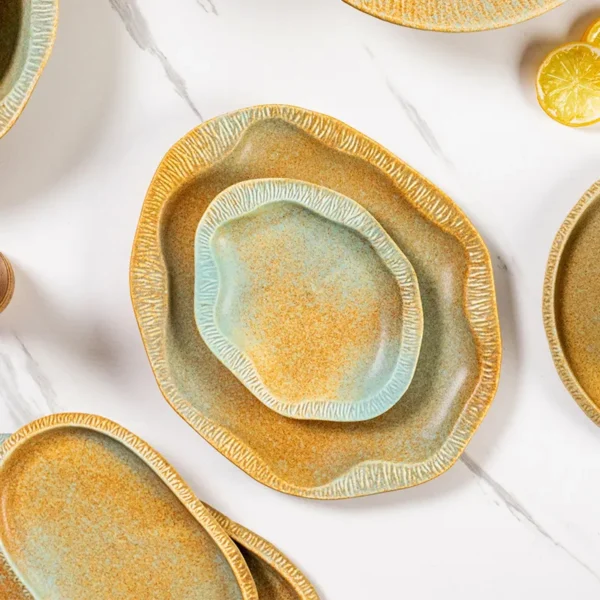 MYOUNG- Wholesaler Stock Sustainable Kiln Yellow and Blue Glaze Ceramic Tableware Hotel Catering Dinnerware Sets Restaurant Use - Image 2