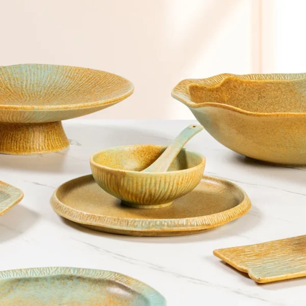 MYOUNG- Wholesaler Stock Sustainable Kiln Yellow and Blue Glaze Ceramic Tableware Hotel Catering Dinnerware Sets Restaurant Use - Image 3