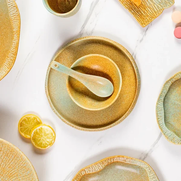 MYOUNG- Wholesaler Stock Sustainable Kiln Yellow and Blue Glaze Ceramic Tableware Hotel Catering Dinnerware Sets Restaurant Use - Image 4