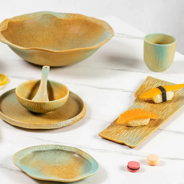 MYOUNG- Wholesaler Stock Sustainable Kiln Yellow and Blue Glaze Ceramic Tableware Hotel Catering Dinnerware Sets Restaurant Use - Image 5
