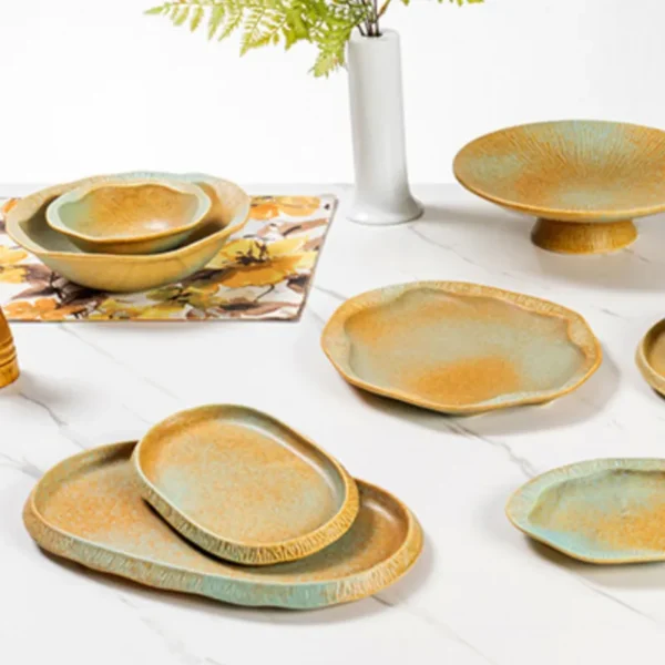 MYOUNG- Wholesaler Stock Sustainable Kiln Yellow and Blue Glaze Ceramic Tableware Hotel Catering Dinnerware Sets Restaurant Use - Image 6