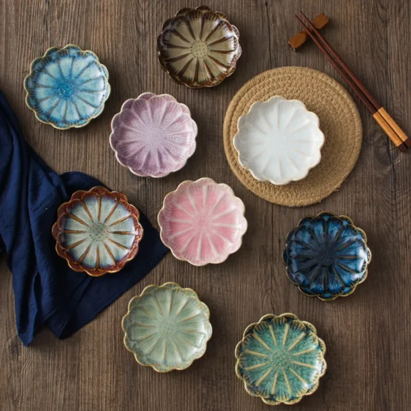 MYOUNG- 4'' Lotus Shape Reactive Glaze Ceramic Sauce Dishes,Pinch Bowl,Small Dipping Bowls for Side Dishes,Appetizers,Condiments