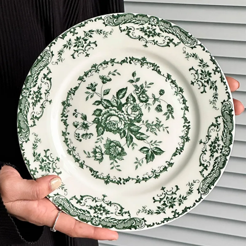 MYOUNG- 7''/9''/10'' Vintage Rose Flower Printed Ceramic Dinner Plate Set Wedding Presentation and Event Serving Table Dish Set 8 rose plate green