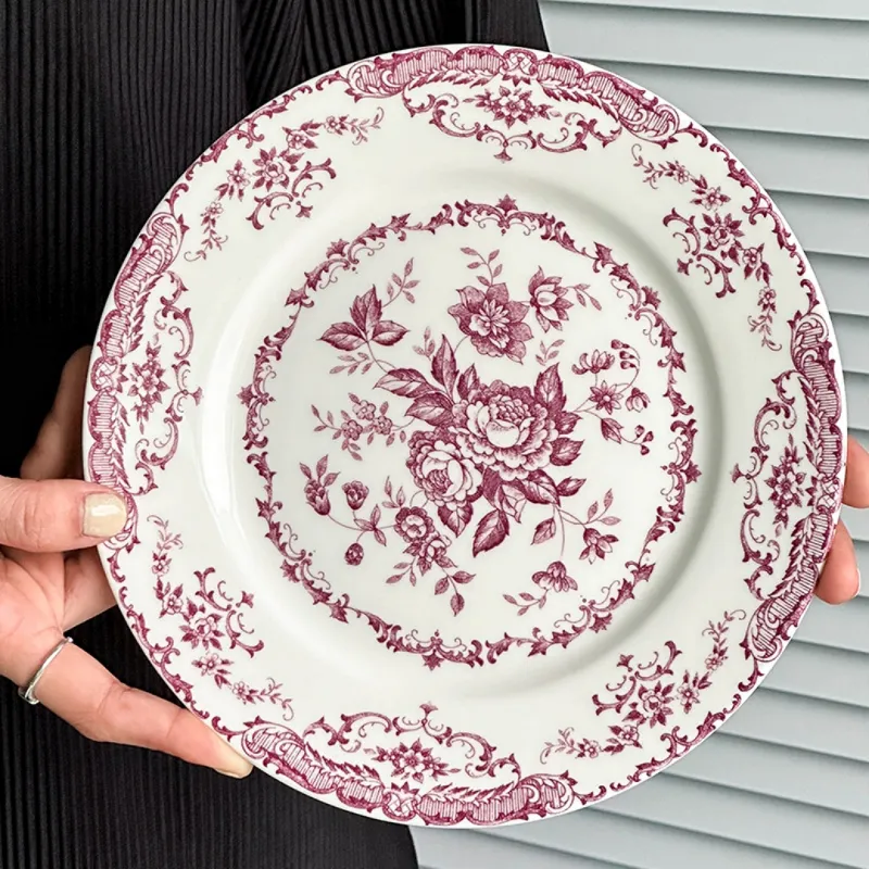 MYOUNG- 7''/9''/10'' Vintage Rose Flower Printed Ceramic Dinner Plate Set Wedding Presentation and Event Serving Table Dish Set 7 rose plate pink