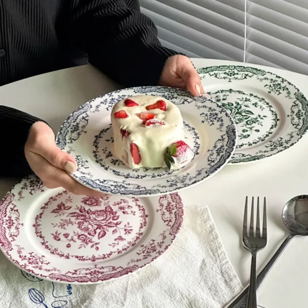MYOUNG- 7''/9''/10'' Vintage Rose Flower Printed Ceramic Dinner Plate Set Wedding Presentation and Event Serving Table Dish Set - Image 2