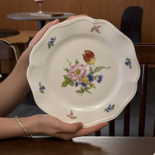 MYOUNG- 8'' 9''Tulip Flower Printed Porcelain Ceramic Dinner Plate Petal shaped Slide Plates Serving Table Dish