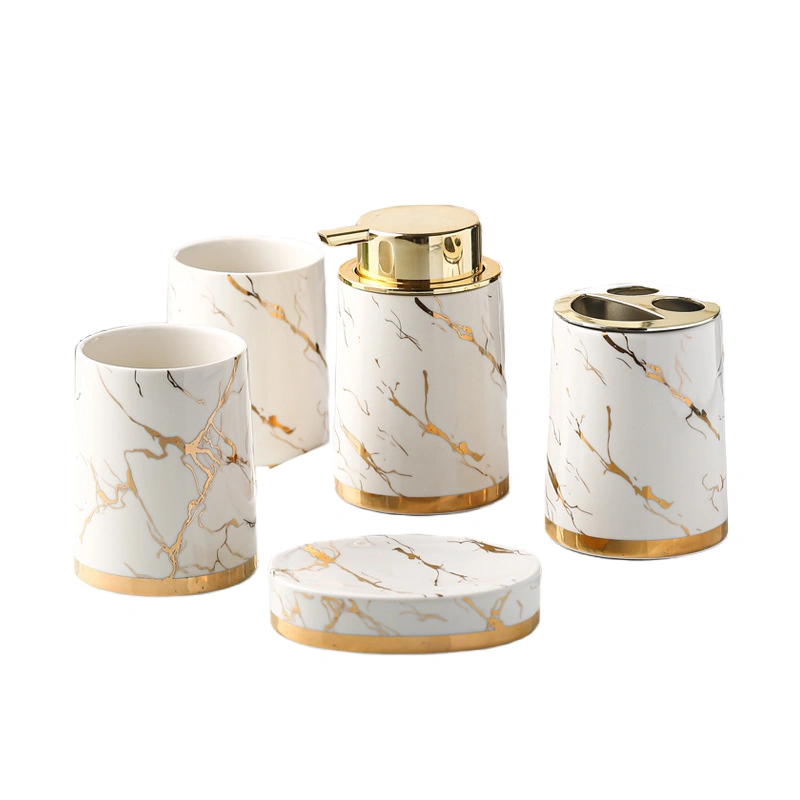 MYOUNG-Wholesale 5-Piece Ceramic Bathroom Accessory Set - Soap Dispenser ,Cups& Toothbrush Holder Set , for Bathroom Sink,Home Decor 8 5 piece gild ceramic bathroon set white