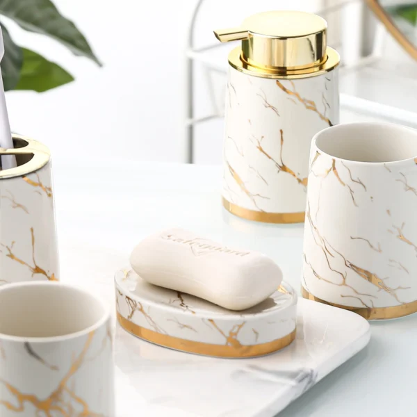MYOUNG-Wholesale 5-Piece Ceramic Bathroom Accessory Set - Soap Dispenser ,Cups& Toothbrush Holder Set , for Bathroom Sink,Home Decor - Image 4