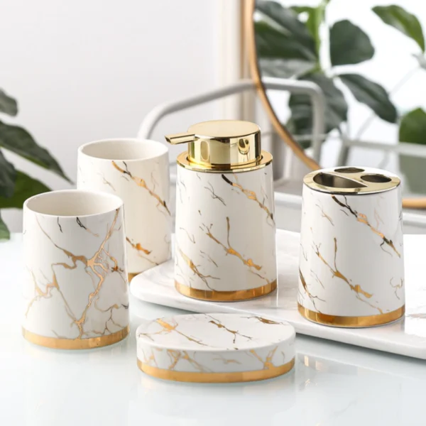 MYOUNG-Wholesale 5-Piece Ceramic Bathroom Accessory Set - Soap Dispenser ,Cups& Toothbrush Holder Set , for Bathroom Sink,Home Decor - Image 5
