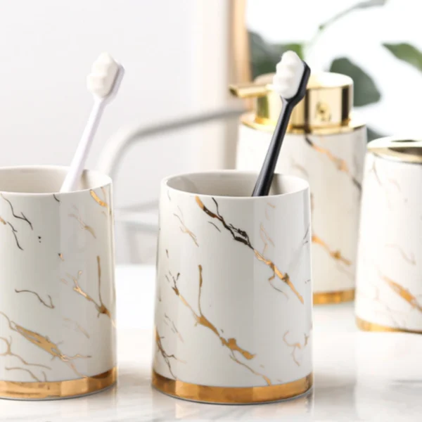 MYOUNG-Wholesale 5-Piece Ceramic Bathroom Accessory Set - Soap Dispenser ,Cups& Toothbrush Holder Set , for Bathroom Sink,Home Decor - Image 6
