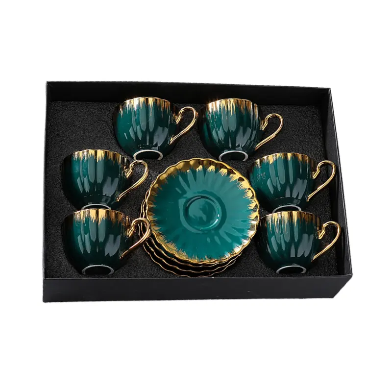 MYOUNG-Ceramic Turkish Coffee Cup Set With Gold Trim ,Tea Cups and Saucers Set of 6,for Cappuccino, Latte, Mocha, Au Lait, Double Espresso 9 6set plated coffee cup and saucer set sku2