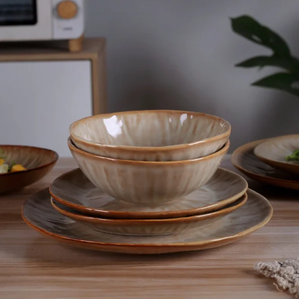 MYOUNG-Handmade Reactive Glaze Porcelain Plates and Bowls Set,Caramel Color,China Ceramics Wholesale Factory - Image 3