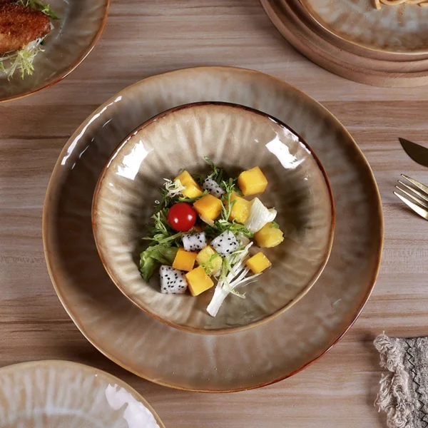 MYOUNG-Handmade Reactive Glaze Porcelain Plates and Bowls Set,Caramel Color,China Ceramics Wholesale Factory - Image 2