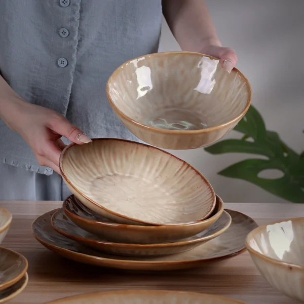 MYOUNG-Handmade Reactive Glaze Porcelain Plates and Bowls Set,Caramel Color,China Ceramics Wholesale Factory - Image 5