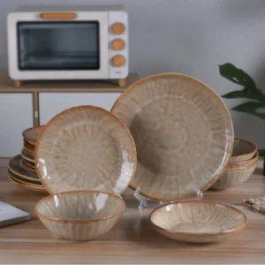 Handmade Reactive Glaze Porcelain Plates and Bowls Set