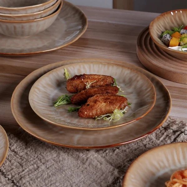 MYOUNG-Handmade Reactive Glaze Porcelain Plates and Bowls Set,Caramel Color,China Ceramics Wholesale Factory - Image 6