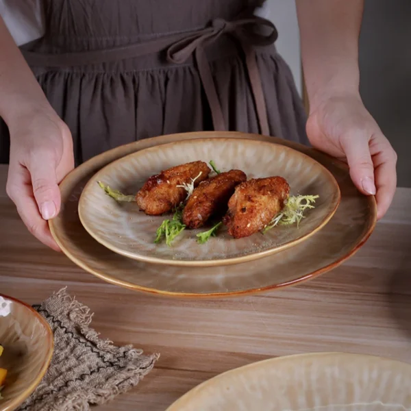 MYOUNG-Handmade Reactive Glaze Porcelain Plates and Bowls Set,Caramel Color,China Ceramics Wholesale Factory - Image 7