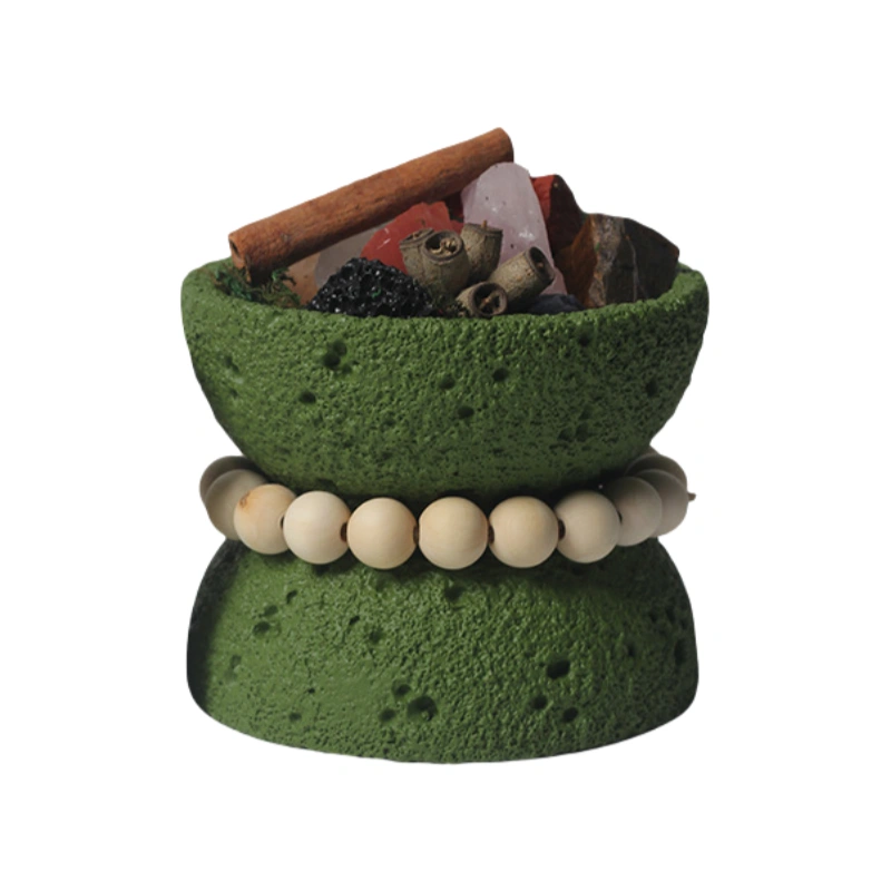 Funnel shaped cement candle jar green