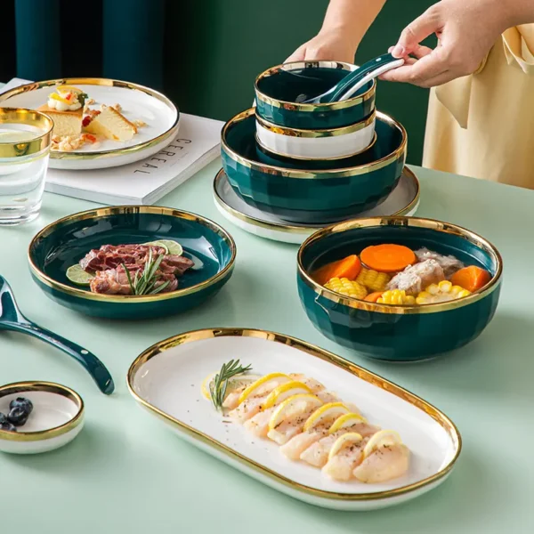 MYOUNG-Porcelain Gold Edge Dinnerware Set Customized Premium Deluxe Gold Rim Dishes and Bowls Set Crockery Tableware Stoneware Ceramic Plate For Home Restaurant Hotel Use - Image 2