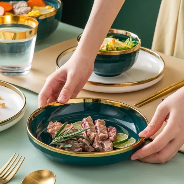 MYOUNG-Porcelain Gold Edge Dinnerware Set Customized Premium Deluxe Gold Rim Dishes and Bowls Set Crockery Tableware Stoneware Ceramic Plate For Home Restaurant Hotel Use - Image 3