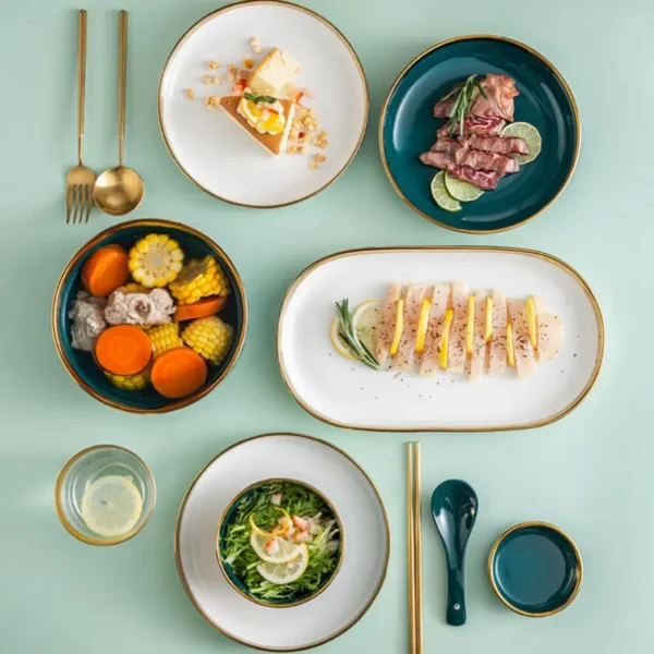 MYOUNG-Porcelain Gold Edge Dinnerware Set Customized Premium Deluxe Gold Rim Dishes and Bowls Set Crockery Tableware Stoneware Ceramic Plate For Home Restaurant Hotel Use - Image 5