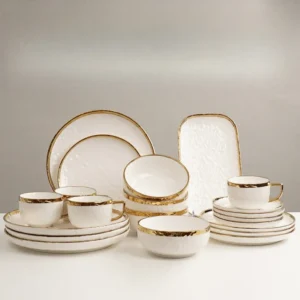 32 PCS White Porcelain Service Dishes With Gold Rim