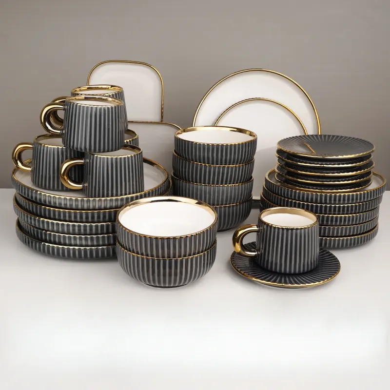 MYOUNG-Porcelain Black and Gold Side Dinnerware Set,Plates and Bowls Sets, Dinner Plates Dishes Set Service for 4/6/8 persons 12 Gold Plated black Ceramic Tableware Set 6people
